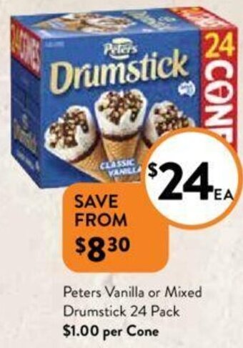 Foodworks Peters Vanilla or Mixed Drumstick 24 Pack offer