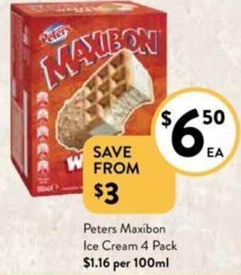 Foodworks Peters Maxibon Ice Cream 4 Pack offer