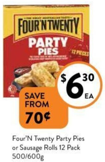 Foodworks Four'N Twenty Party Pies or Sausage Rolls 12 Pack 500/600g offer