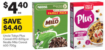Woolworths Uncle Tobys Plus Cereal 690-820g or Nestle Milo Cereal 600-700g offer