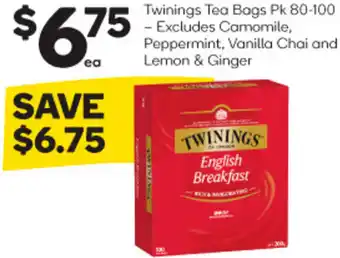 Woolworths Twinings Tea Bags Pk 80-100 Peppermint, Vanilla Chai and Lemon & Ginger offer