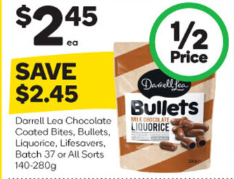Woolworths Darrell Lea Chocolate Coated Bites, Bullets, Liquorice, Lifesavers, Batch 37 or All Sorts 140-280g offer