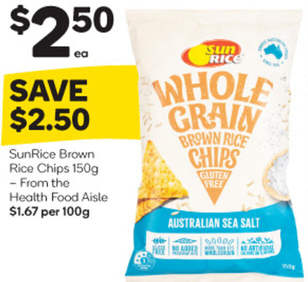 SunRice Brown Rice Chips 150g Health Food Aisle offer at Woolworths
