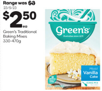 Woolworths Green's Traditional Baking Mixes 330-470g offer