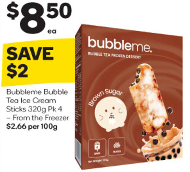 Bubbleme Bubble Tea Ice Cream Sticks 320g Pk 4 offer at Woolworths