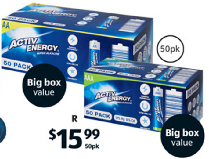 R ActivEnergy Batteries Big Box 50pk offer at ALDI