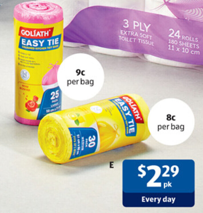 E Goliath Coloured Tidy Bags 25pk/30pk offer at ALDI