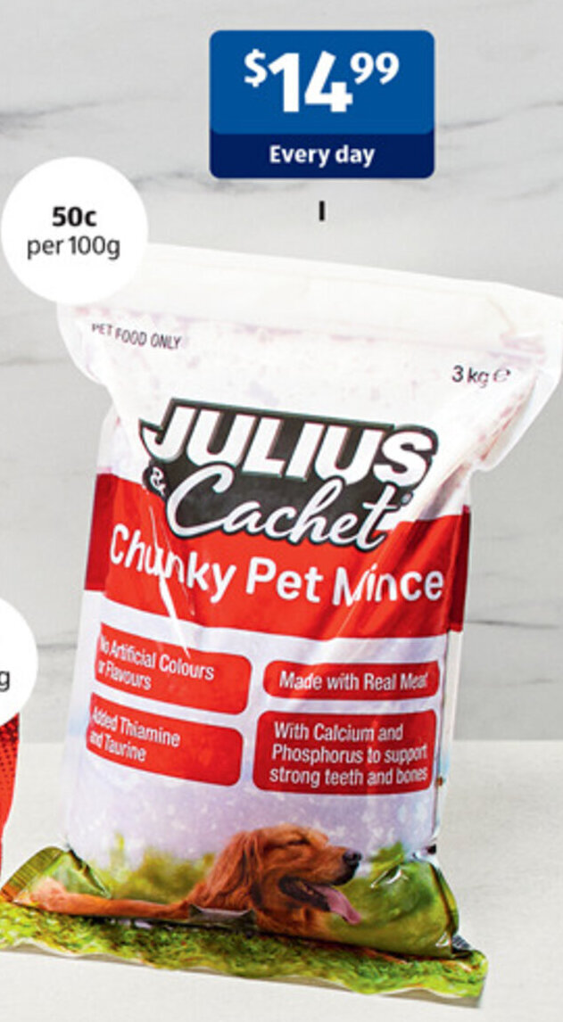 I Julius & Cachet Chunky Pet Mince 3kg offer at ALDI
