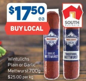 Foodland Wintulichs Plain or Garlic Mettwurst 700g offer