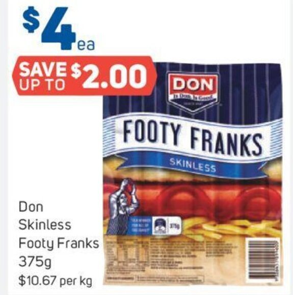 Don Skinless Footy Franks 375g offer at Foodland