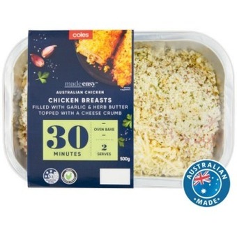 Coles Coles made easy chicken breast garlic herb butter topped with cheese crumb 500g offer