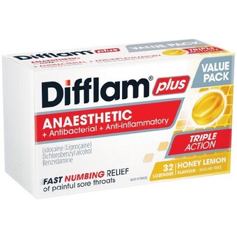 Woolworths Difflam plus anaesthetic sore throat lozenges pk 32~ offer