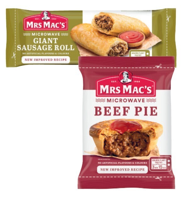 Mrs mac's microwave frozen beef pie or sausage roll 175g offer at Coles