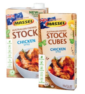 Coles Massel gourmet liquid stock 1 litre, ultra stock cubes 105g or stock powder 140g-168g offer