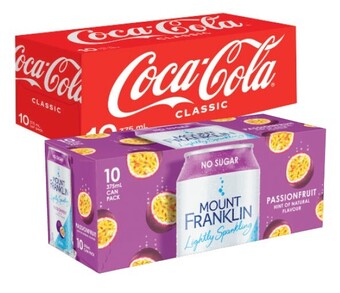 Coles Coca-cola, fanta or sprite soft drink or mount franklin lightly sparkling 10x375ml offer