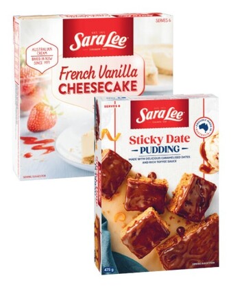 Coles Sara lee french vanilla cheese cake or sticky date pudding 360g-475g offer