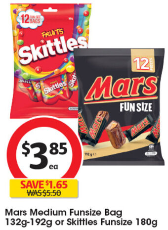 Coles Mars Medium Funsize Bag 132g-192g or Skittles Funsize 180g offer