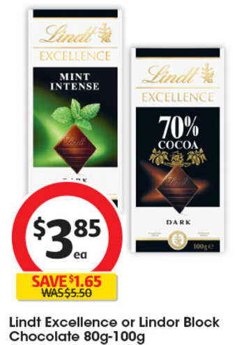 Coles Lindt Excellence or Lindor Block Chocolate 80g-100g offer