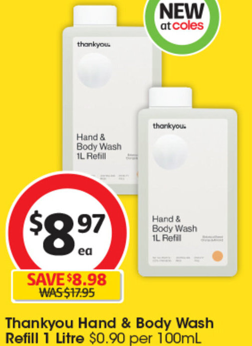 Thankyou Hand & Body Wash Refill 1 Litre offer at Coles