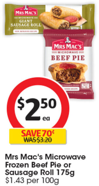 Coles Mrs Mac's Microwave Frozen Beef Pie or Sausage Roll 175g offer