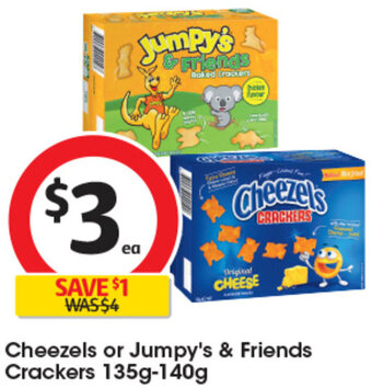 Coles Cheezels or Jumpy's & Friends Crackers 135g-140g offer