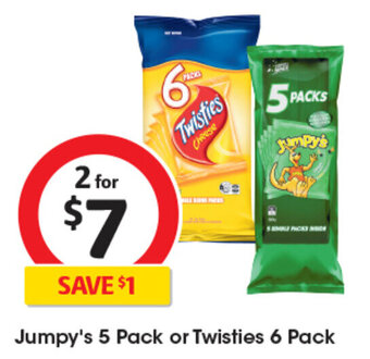 Coles Jumpy's 5 Pack or Twisties 6 Pack offer