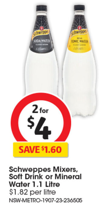 Coles Schweppes Mixers, Soft Drink or Mineral Water 1.1 Litre offer