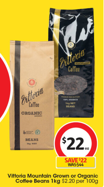 Coles Vittoria Mountain Grown or Organic Coffee Beans 1kg offer