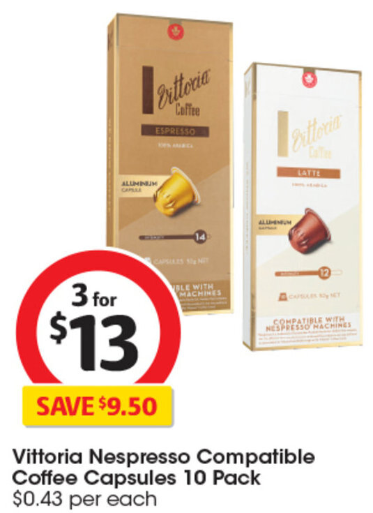 Vittoria Nespresso Compatible Coffee Capsules 10 Pack offer at Coles