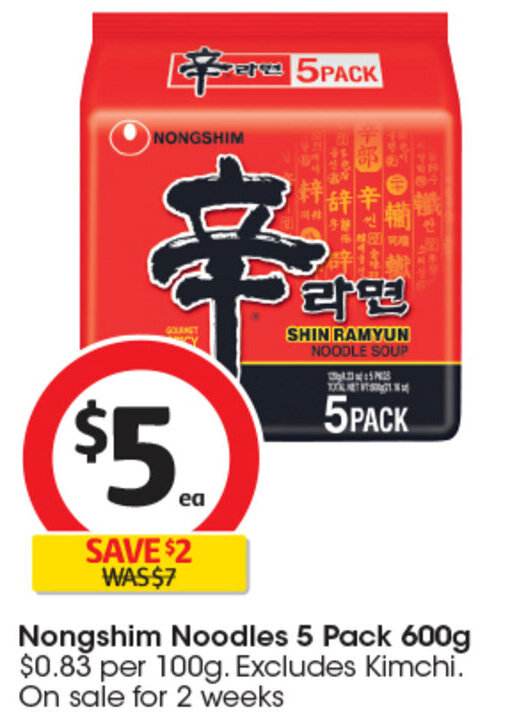 Nongshim Noodles 5 Pack 600g offer at Coles