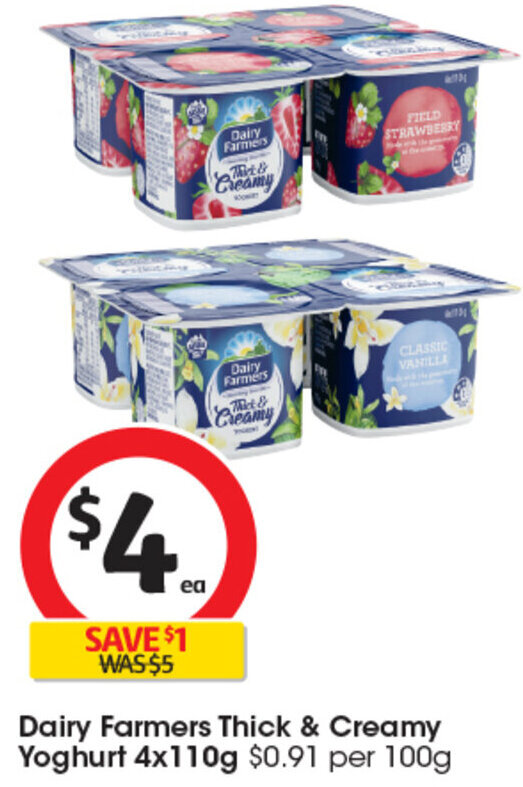 Dairy Farmers Thick & Creamy Yoghurt 4x110g offer at Coles