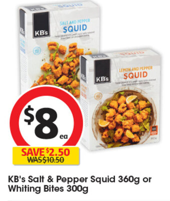 Coles KB's Salt & Pepper Squid 360g or Whiting Bites 300g offer