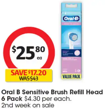 Coles Oral B Sensitive Brush Refill Head 6 Pack offer
