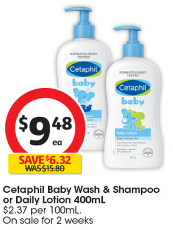 Coles Cetaphil Baby Wash & Shampoo or Daily Lotion 400mL offer