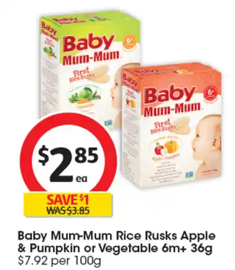 Coles Baby Mum-Mum Rice Rusks Apple & Pumpkin or Vegetable 6m+ 36g offer