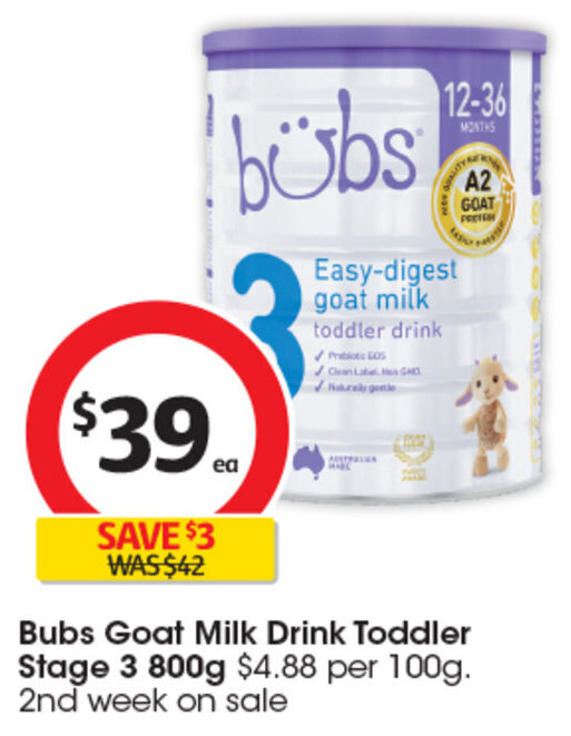 Bubs Goat Milk Drink Toddler Stage 3 800g offer at Coles