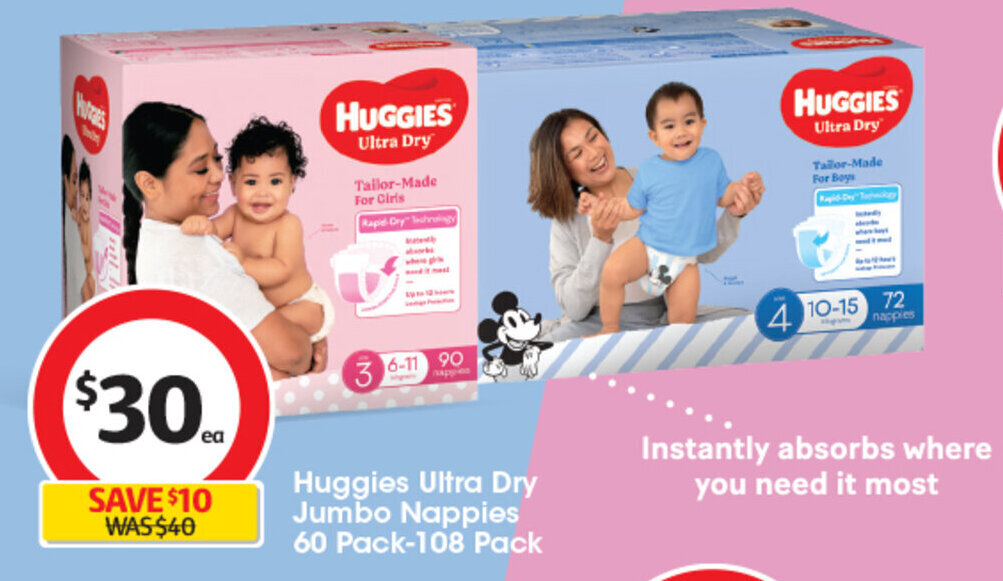 Huggies Ultra Dry Jumbo Nappies 60 Pack108 Pack offer at Coles