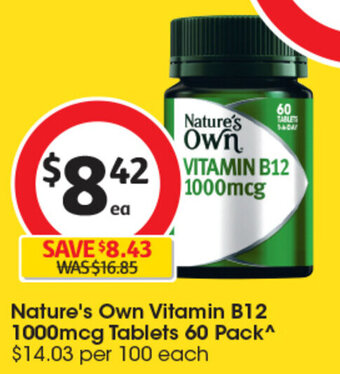 Coles Nature's Own Vitamin B12 1000mcg Tablets 60 Pack^ offer