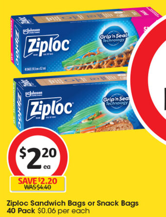 Coles Ziploc Sandwich Bags or Snack Bags 40 Pack offer