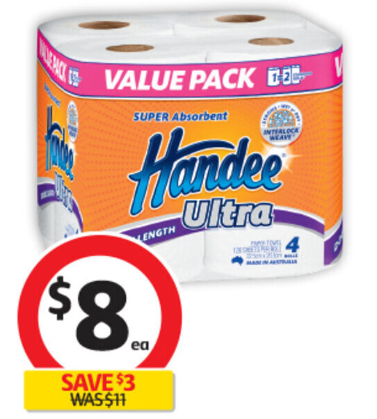 Handee Ultra Paper Towels Double Length 4 Pack offer at Coles