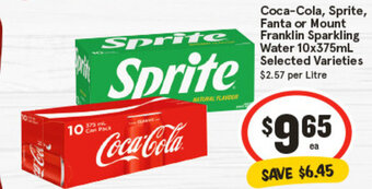 IGA Coca-Cola, Sprite, Fanta or Mount Franklin Sparkling Water 10x375mL Selected Varieties offer