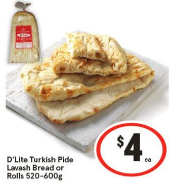IGA D'Lite Turkish Pide Lavash Bread or Rolls 520-600g offer