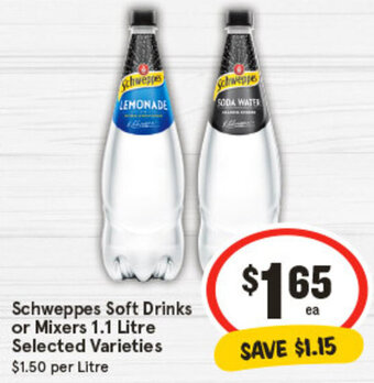 IGA Schweppes Soft Drinks or Mixers 1.1 Litre Selected Varieties offer