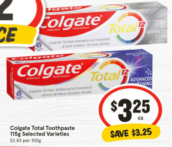 IGA Colgate Total Toothpaste 115g Selected Varieties offer