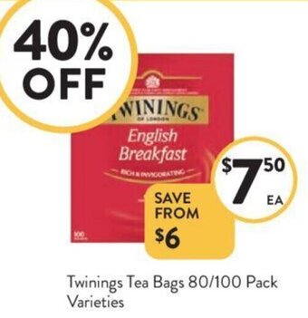 Foodworks Twinings Tea Bags 80/100 Pack Varieties offer