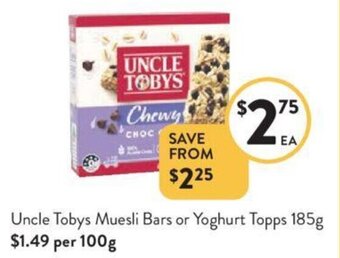 Foodworks Uncle Tobys Muesli Bars or Yoghurt Topps 185g offer