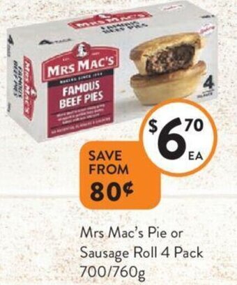 Foodworks Mrs Mac's Pie or Sausage Roll 4 Pack 700/760g offer