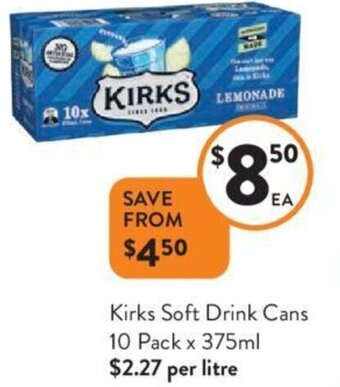 Foodworks Kirks Soft Drink Cans 10 Pack x 375ml offer