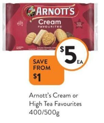 Foodworks Arnott's Cream or High Tea Favourites 400/500g offer