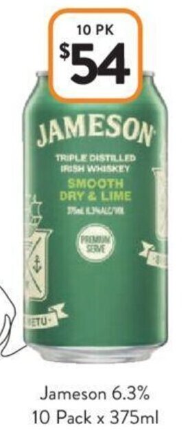 Foodworks Jameson 6.3% 10 Pack x 375ml offer